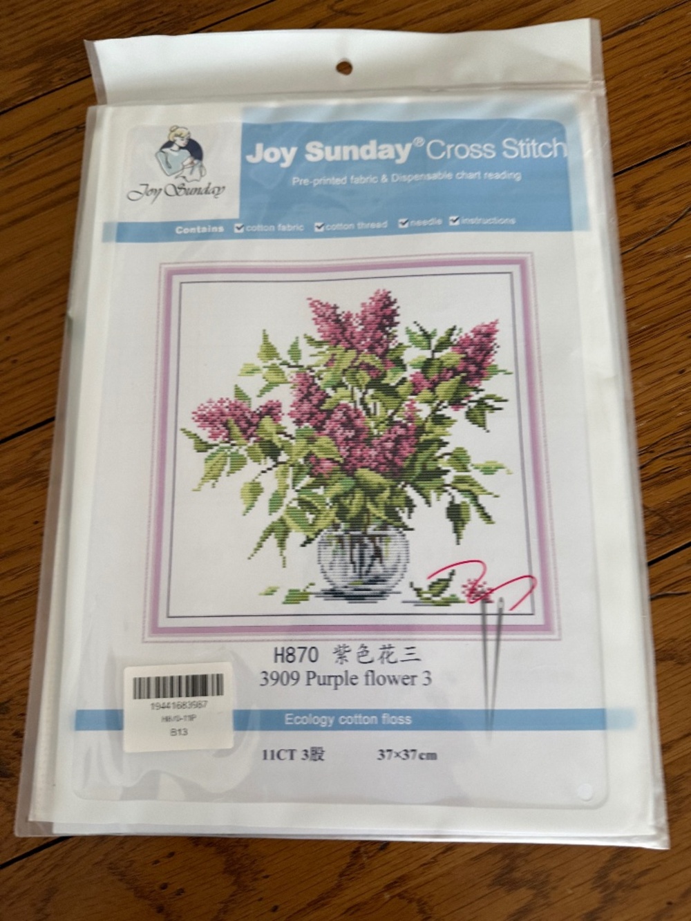 Purple Flowers Joy Sunday Cross Stitch Kit 11 CT Aida Pre-Printed